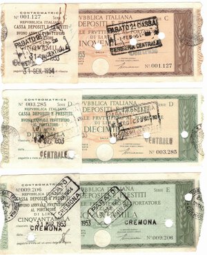 obverse: Banconote. Repubblica Italiana. C. D. P. Lotto di Tre pezzi. Buono da 5.000, 10.000 e 50.000 Lire. 