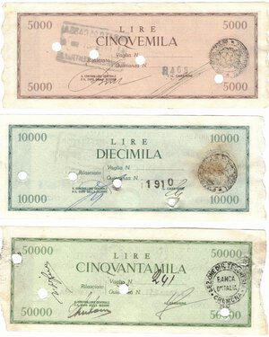 reverse: Banconote. Repubblica Italiana. C. D. P. Lotto di Tre pezzi. Buono da 5.000, 10.000 e 50.000 Lire. 
