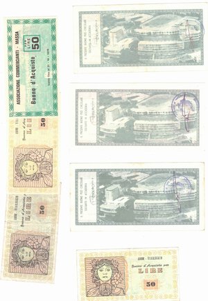 reverse: Banconote. Buoni acquisto periodo miniassegni. 1975-1978. Lotto di Sette pezzi. 