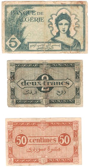 obverse: Banconote. Estere. Algeria. 5 Franchi Banca d Algeria e 2 + 0,5 Franchi Reggenza. 