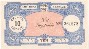 obverse: Banconote. Estere. East Africa. 10 Cents. Token Money. 1940-1945. Usato nella Somalia Italiana dalle truppe inglesi. 
