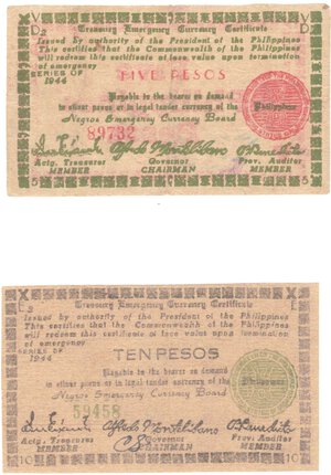 obverse: Banconote. Estere. Filippine. Occupazione 2° Guerra Mondiale. 5 + 10 Pesos. 