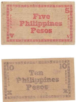 reverse: Banconote. Estere. Filippine. Occupazione 2° Guerra Mondiale. 5 + 10 Pesos. 