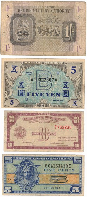 obverse: Banconote. Estere. Filippine. Korea. 2° Guerra Mondiale. Occupazione Inglese. Lotto di 4 pezzi. 