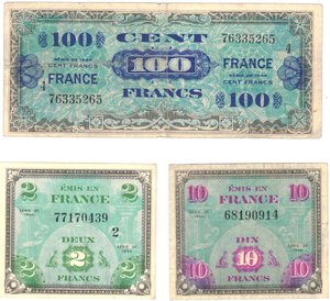 obverse: Banconote. Estere. Francia. Lotto di tre banconote da 100 Franchi France e 10 e 2 Franchi Bandiera. 