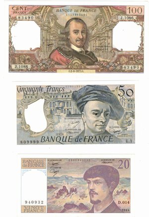 obverse: Banconote. Estere. Francia. Lotto di 3 pezzi. 100, 50 e 20 Franchi. 1971. 
