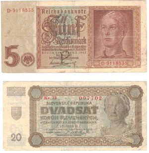 obverse: Banconote. Estere. Germania. Lotto di tre banconote da 20 e 10 Marchi 1949 e 1 Marco 1948. 2° guerra mondiale. 