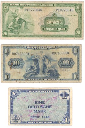 obverse: Banconote. Estere. Germania. Lotto di tre banconote da 20 e 10 Marchi 1949 e 1 Marco 1948. 
