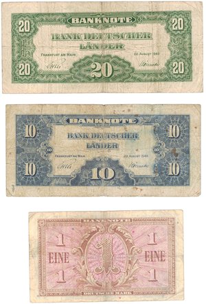reverse: Banconote. Estere. Germania. Lotto di tre banconote da 20 e 10 Marchi 1949 e 1 Marco 1948. 