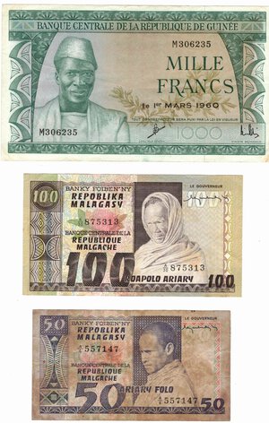 obverse: Banconote. Estere. Guinea. Madagascar. Lotto di 3 pezzi, vari nominali. 