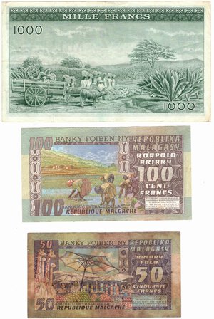reverse: Banconote. Estere. Guinea. Madagascar. Lotto di 3 pezzi, vari nominali. 