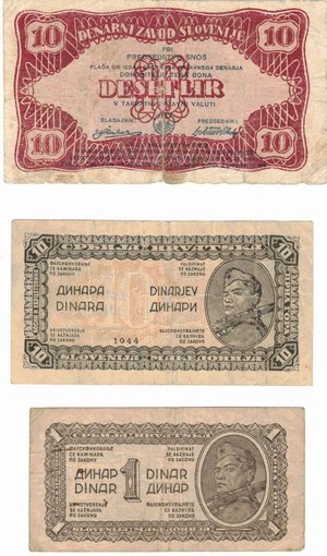 obverse: Banconote. Estere. Jugoslavia. 10 e 1 Dinaro e Slovenia 10 Dinari 