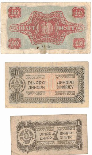 reverse: Banconote. Estere. Jugoslavia. 10 e 1 Dinaro e Slovenia 10 Dinari 