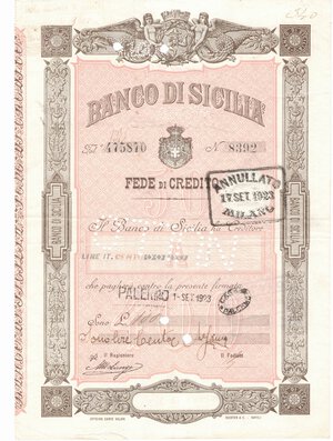 obverse: Scripofilia. Regno d Italia. Banco di Sicilia. Fede di creditoda 100 Lire emessa a Palermo su modulo prestampato. 1/09/1923.