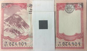 obverse: Banconote. Estere. Nepal. Mazzetta di 100 pezzi da 5 Rupie 2010. 