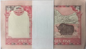 reverse: Banconote. Estere. Nepal. Mazzetta di 100 pezzi da 5 Rupie 2010. 