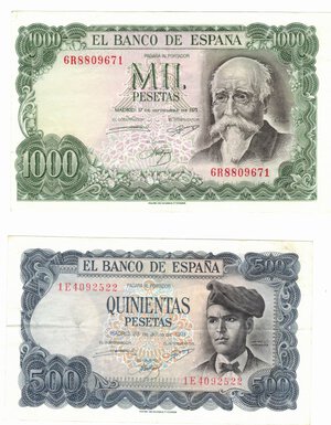 obverse: Banconote. Estere. Spagna. Lotto di 2 pezzi. 1000 e 500 Pesetas 1971.