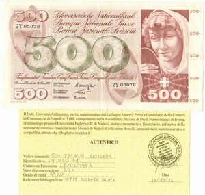 obverse: Banconote. Estere. Svizzera. 500 Franchi. 28 marzo 1963. 