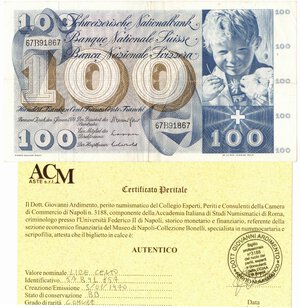 obverse: Banconote. Estere. Svizzera. 100 Franchi. 5 gennaio 1970. BB. 