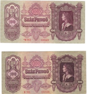 obverse: Banconote. Estere. Ungheria. 100 Pengo + 100 Pengo con asterisco, stampao durante la seconda guerra mondiale. 