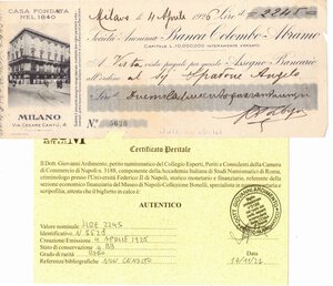 obverse: Scripofilia. Regno d Italia. Banca Colombo Abramo. Assegno bancario all ordine. 4/4/1926.