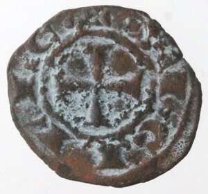 reverse: Manfredonia. Manfredi. 1258-1266. Denaro con M gotica e due globetti. Mi. 