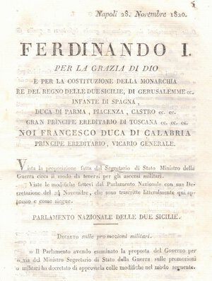 obverse: Documenti antichi. Ferdinando I. Atto normativo. Decreto sulle promozioni militare. 