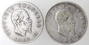 obverse: Vittorio Emanuele II. 1861-1878. Lotto di 2 monete da 2 Lire 1863 N Valore e 2 Lire 1863 T Valore. Ag. 