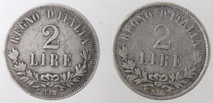 reverse: Vittorio Emanuele II. 1861-1878. Lotto di 2 monete da 2 Lire 1863 N Valore e 2 Lire 1863 T Valore. Ag. 