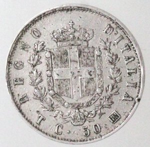 reverse: Vittorio Emanuele II. 1861-1878. 50 Centesimi 1863 Torino Stemma. Ag.