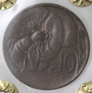 reverse: Vittorio Emanuele III. 1900-1943. 10 centesimi 1919. Ae. 