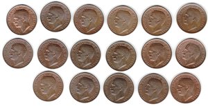 obverse: Vittorio Emanuele III. 1900-1946. 10 Centesimi Ape. Lotto di 18 pezzi, mancante la 1919 e la 1932. Ae.