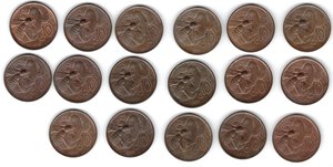 reverse: Vittorio Emanuele III. 1900-1946. 10 Centesimi Ape. Lotto di 18 pezzi, mancante la 1919 e la 1932. Ae.