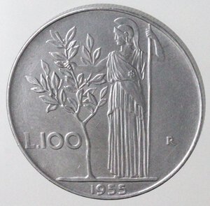 reverse: Repubblica Italiana. 100 lire 1955. Ac.