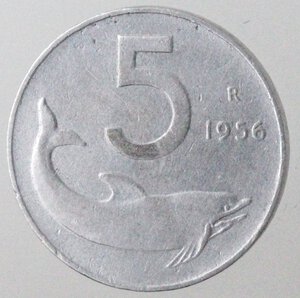 reverse: Repubblica Italiana. 5 lire Delfino 1956. It. 