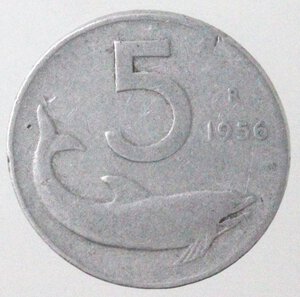 reverse: Repubblica Italiana. 5 lire Delfino 1956. It. 