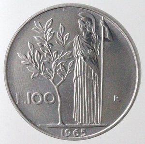 reverse: Repubblica Italiana. 100 lire 1965. Ac.