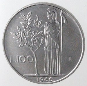 reverse: Repubblica Italiana. 100 lire 1966. Ac. 