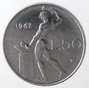 reverse: Repubblica Italiana. 50 lire 1967. Ac. 