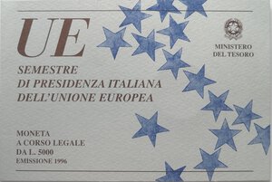 obverse: Repubblica Italiana. 5000 Lire. Presidenza Italiana della Comunità Europea 1996. Ag.