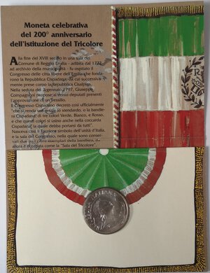 obverse: Repubblica Italiana. 10000 Lire. 200° Anniversario del tricolore 1997. Ag.