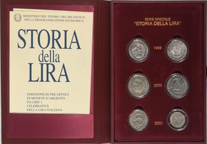 reverse: Repubblica Italiana. Storia della Lira. 1999. Cofanetto completo con 6 monete in Ag. 