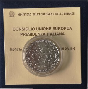 reverse: Repubblica Italiana. 10 Euro 2003. Presidenza Italiana Unione Europea. Ag. 