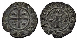 obverse: BRINDISI o MESSINA. Federico II (1197-1250). Denaro Mi (0,41 g). Grande F attorniata da tre stelle nel campo - R/croce patente accantonta da quattro stelle. Sp.148. BB