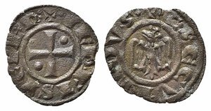 obverse: BRINDISI o MESSINA. Corrado II (1254-1258). Denaro Mi (0,49 g). Aquila coronata - R/croce con globetti nel 2° e 3° spazio. Spahr 166. BB+ 