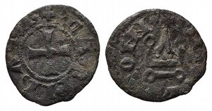 obverse: CAMPOBASSO. Nicola I di Monfort (1422). Tornese Mi (0.99 g). NICOLA COM; Castello. R/CAMPOBASSI; croce patente. Biaggi 538. qBB