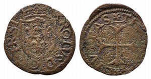 obverse: CHIETI. Carlo VIII re di Francia (1495). Cavallo AE (0,92 g). Scudo coronato di Francia. R/croce patente tripartita. D Andrea-Andreani 10. qBB