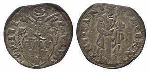 obverse: FANO. Paolo III (1534-1549). Quattrino Mi (0,55 g). Stemma a cuore - R/ il santo in piedi a testa nuda tiene in mano la mitria. MIR 922/1. BB