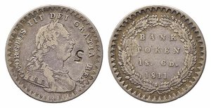 obverse: GRAN BRETAGNA. Giorgio III (1760-1820). 18 pence 1811 Bank Token Ag (7,30 g). Spink 3771. Contromarca qBB
