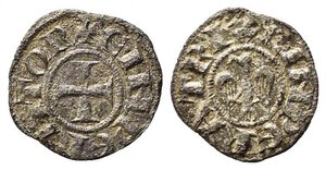 obverse: MESSINA. Enrico VI (1194-1197). Denaro (con aquila) a nome di Enrico e Costanza Mi (0,79 g). Sp. 27-28. BB+